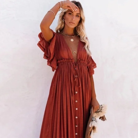 SOLD OUT Red Gauze Boho Button Maxi Coverup Dress - Picture 8 of 10